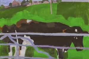 Cow looking through twisted gate