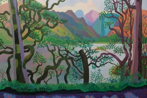 Through trees at Ullswater, below Gowbarrow looking across to Place Fell and St Sunday Crag. 2020